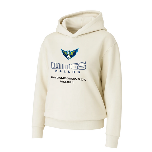Beige hoodie with 'Wings Dallas' logo and text on a white background. Dallas Wings Hoodie.